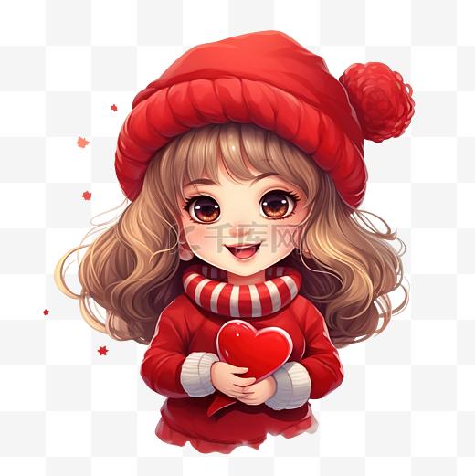 快乐微笑的圣诞老人女孩穿着红色西装很可爱，手里拿着圣诞树的爱心图片
