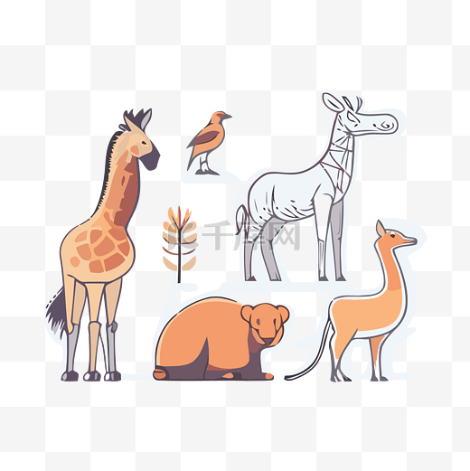 各种动物和植物的卡通画 向量图片