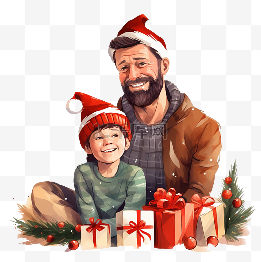 圣诞快乐父亲和儿子有松树和礼物图片