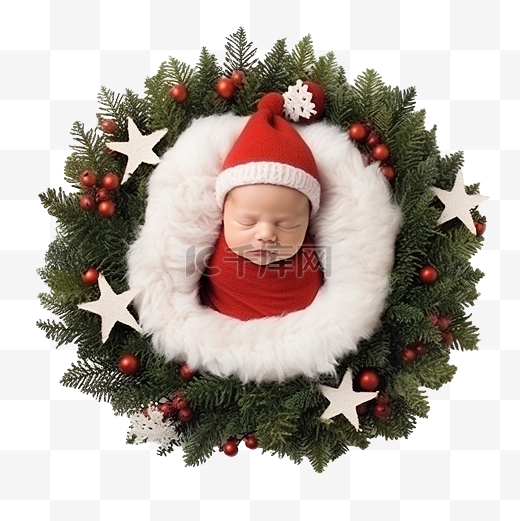 穿着圣诞老人服装的新生婴儿躺在圣诞树花环的中间图片