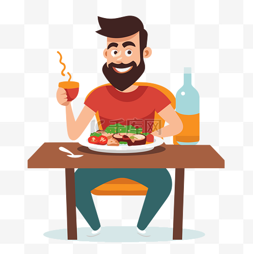 吃东西的人剪贴画 留着胡子的男人坐在桌边吃一盘沙拉和可乐卡通片 向量图片