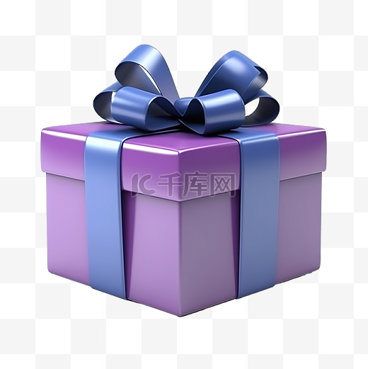 3D 渲染紫色礼品盒，带蓝色蝴蝶结丝带，适合生日和圣诞节活动派对图片