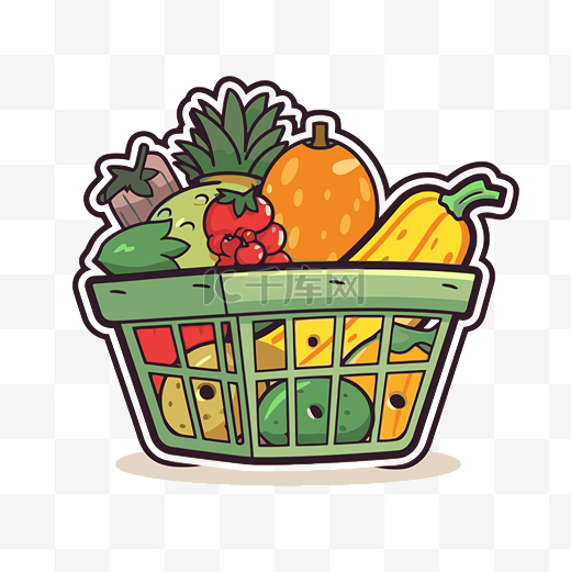 装有水果和蔬菜的篮子的卡通贴纸 向量图片