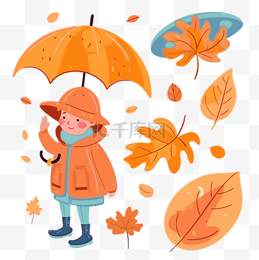 秋天剪贴画有趣的小女孩穿着橙色外套和一些叶子坐在雨伞卡通旁边 向量图片