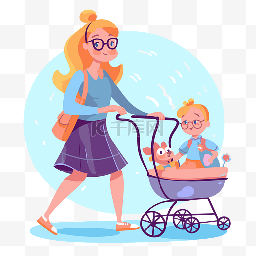 保姆剪贴画卡通肖像的女人推着婴儿车和她的孩子上学 向量图片