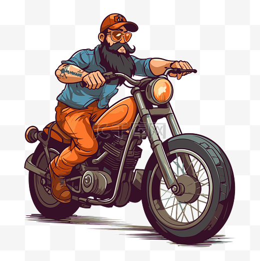 骑自行车的人剪贴画有胡子的人骑着橙色摩托车插画卡通 向量图片