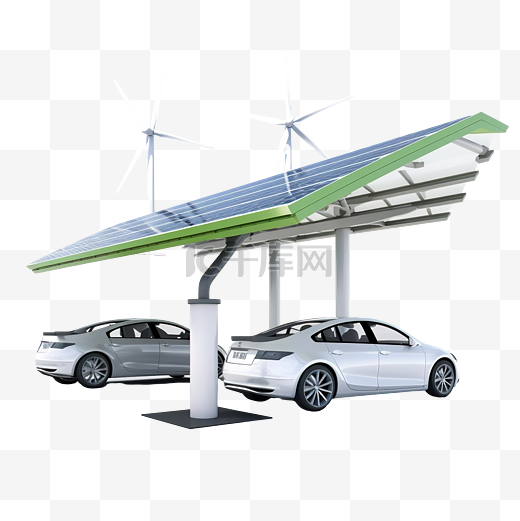 背景下带风车和太阳能电池板的 3D 电动汽车充电站图片