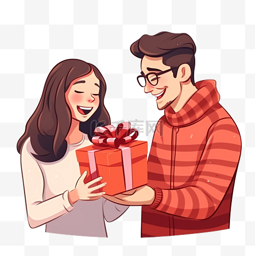 美丽的女朋友在圣诞节给男朋友送礼物盒图片