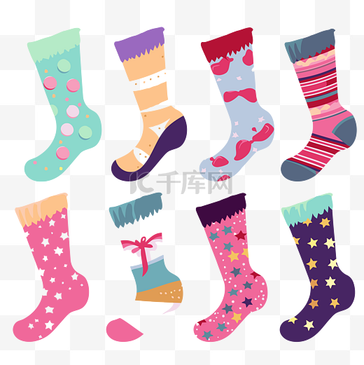 丝袜剪贴画 八种不同的彩色袜子，带有图案和星星卡通 向量图片
