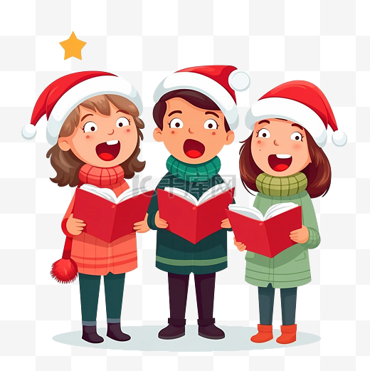孩子们穿着冬衣头戴雪松圣诞帽唱圣诞颂歌图片