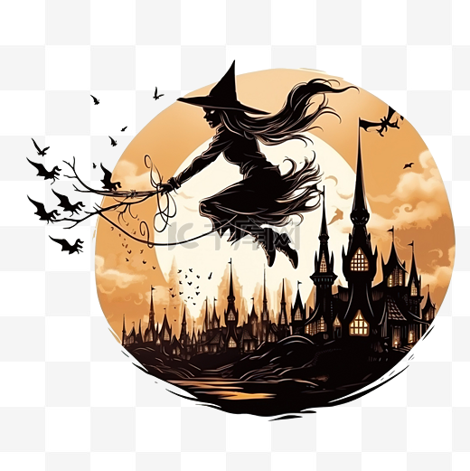 万圣节，在满月的背景下，女巫骑着扫帚飞过城市上空图片