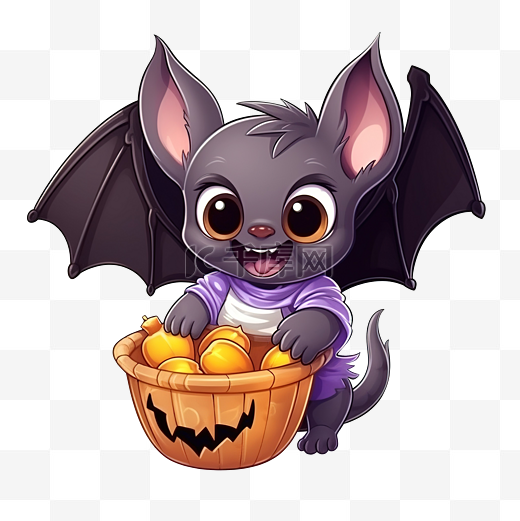 万圣节快乐有趣的蝙蝠卡通人物提着装有糖果的篮子图片