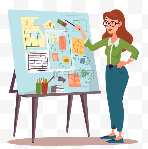 教师规划剪贴画年轻设计师女性在办公室卡通中用铅笔和木板 向量图片
