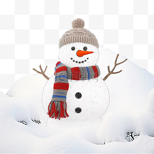 冬季公园雪冷杉树枝下戴着温暖围巾和帽子的滑稽玩具雪人图片