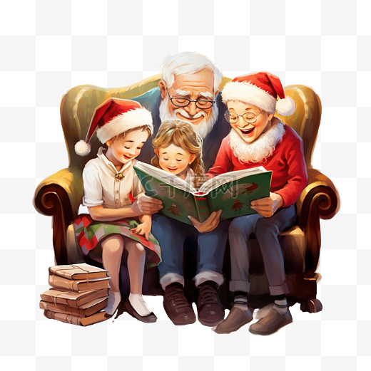 老夫妇在为圣诞节装饰的客厅里给孙子读书图片