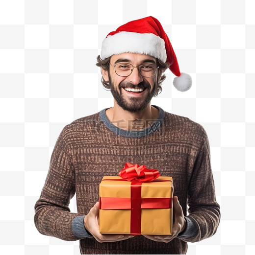 戴着圣诞帽留着胡子的家伙微笑着拿着小礼物图片