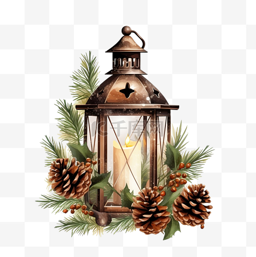 圣诞灯笼与蜡烛灯装饰着冷杉树枝锥体槲寄生图片