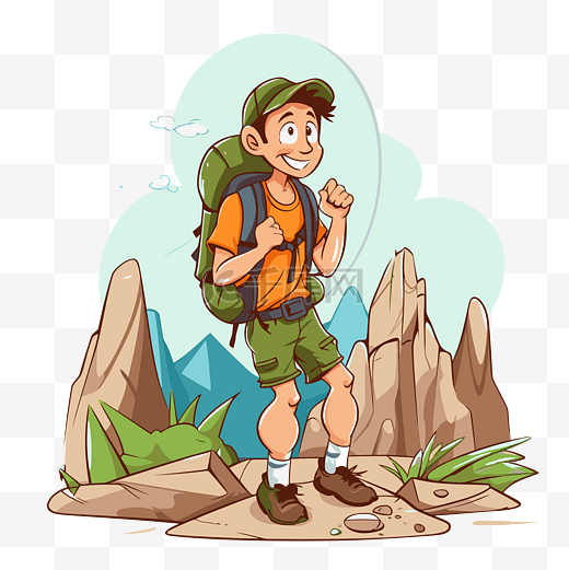 冒险剪贴画卡通人物在山上徒步旅行和徒步旅行 向量图片
