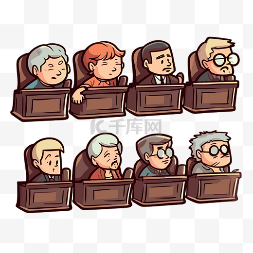 不同的卡通人物坐在法庭上 向量图片