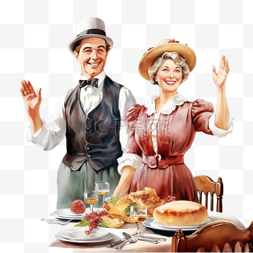 妻子和丈夫欢迎亲戚参加感恩节晚餐图片