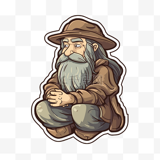 一个留着胡子的老人坐在地上剪贴画的可爱动画贴纸 向量图片