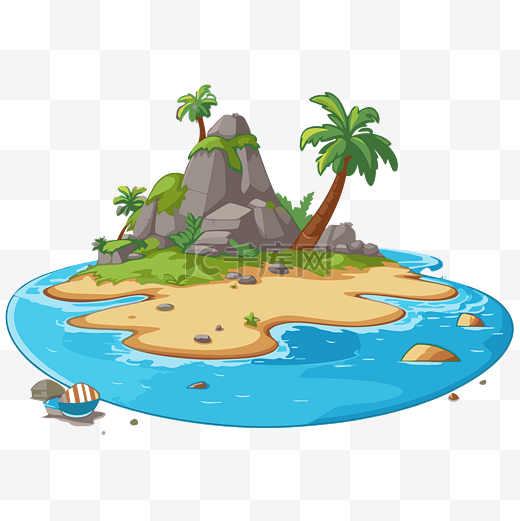 海边有岩石和树木的岛屿的免费海滩场景剪贴画卡通 向量图片