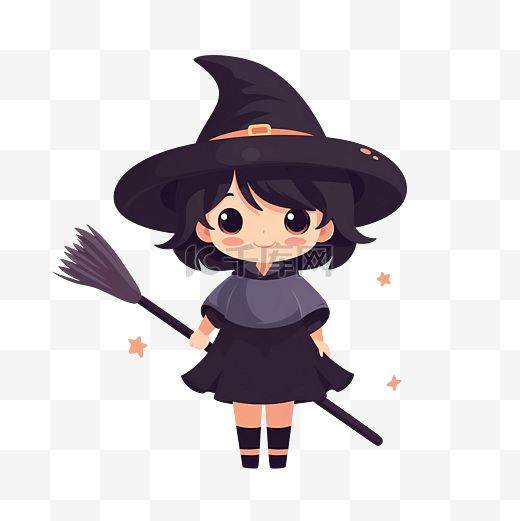 拿着扫帚的可爱女巫，一个穿着女巫服装的女孩，用于万圣节矢量图的平面风格图片