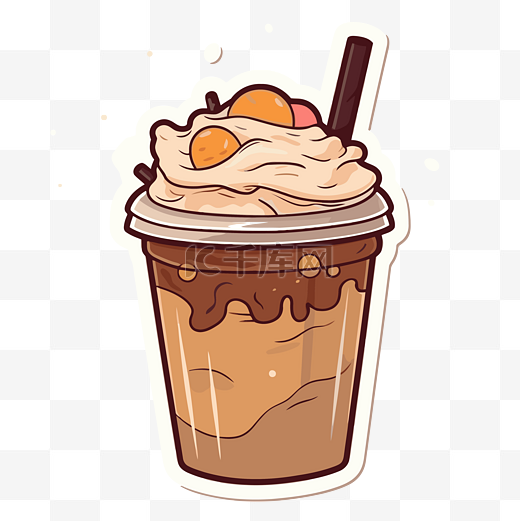 咖啡拿铁插画配冰淇淋和焦糖 向量图片