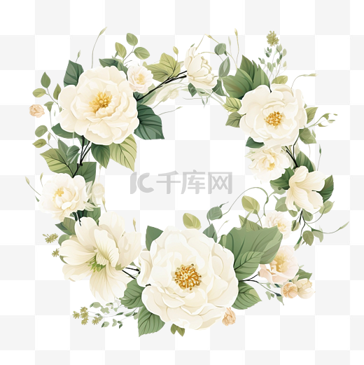白色山茶花背景花环框架与感谢贴纸平面风格图片