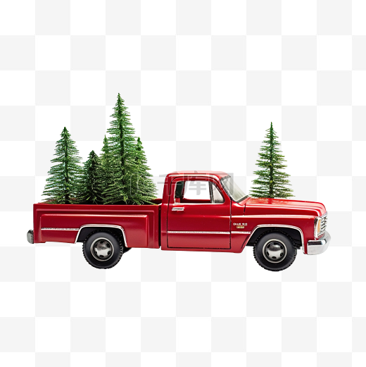 一辆玩具红色雪佛兰皮卡车在森林里运载着一棵圣诞树图片