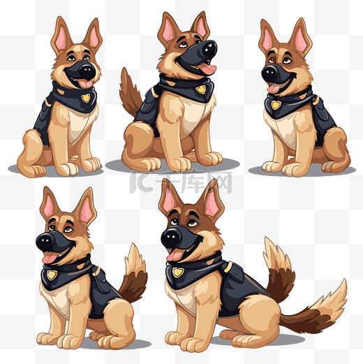 k9 剪贴画警犬字符集，具有 4 个不同的姿势卡通 向量图片