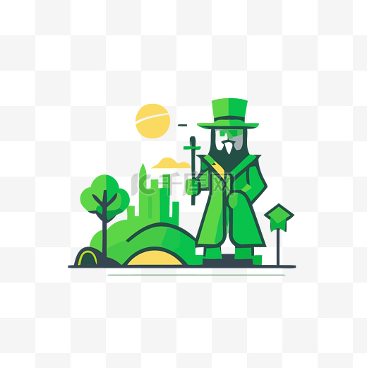 拿着剑和帽子的绿色绅士的图标 向量图片