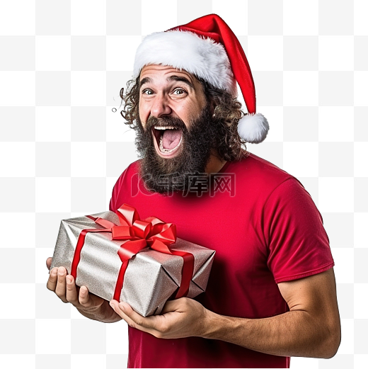 戴着圣诞老人帽子的留着胡须的男性尖叫着收到圣诞礼物图片