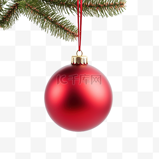 圣诞树树枝上有一个带白丝带的红球 圣诞树装饰图片