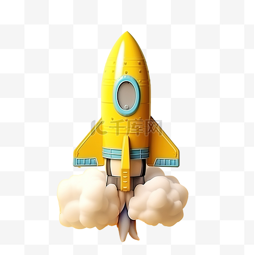 玩具火箭在黄色背景上喷出烟雾，成功的象征是启动教育和知识 3D 插图图片