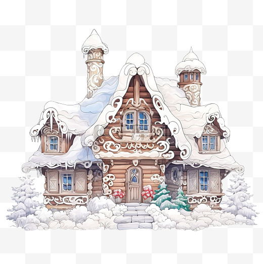 童话般的装饰木屋覆盖着白雪图片