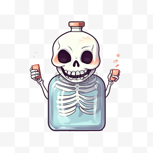 可爱的骨架拥抱瓶药水孤立卡通万圣节概念插画平面风格图片