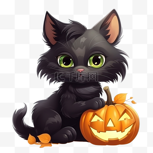 可爱俏皮的黑色小猫与快乐女巫侏儒万圣节橙色南瓜卡通人物图片