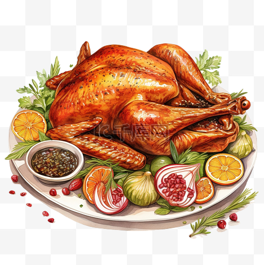感恩节的插图，用烤或烤火鸡配香料和蔬菜图片