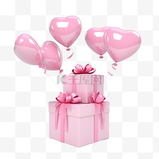 3d 渲染粉色礼物漂浮着爱情气球图片