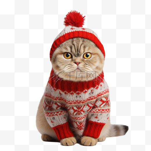 喵的圣诞贺卡，上面有穿着针织毛衣的可爱苏格兰折耳猫图片