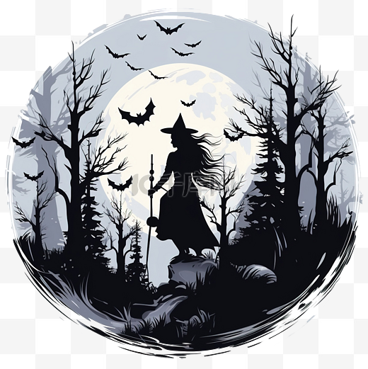 万圣节女巫骑着扫帚穿过墓地上方的月光森林图片