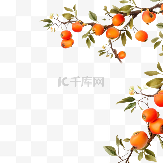 柿子树枝与水果和叶子框架中秋秋收韩国感恩节图片