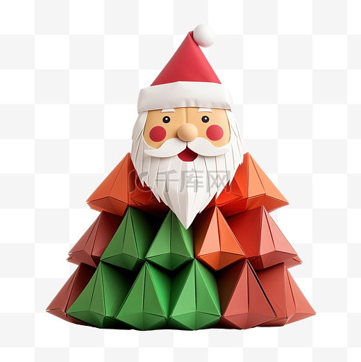 快乐的圣诞老人坐在红色和绿色的折纸圣诞树前图片