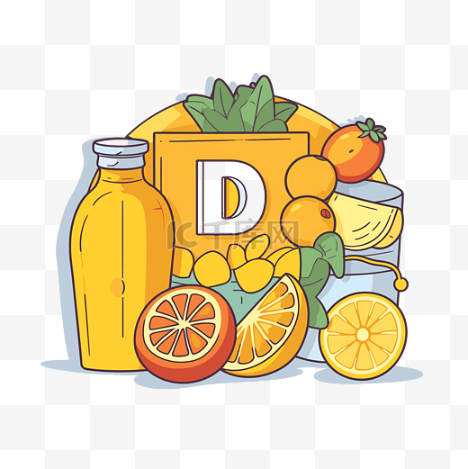维生素d剪贴画一些水果和瓶子旁边有字母d卡通 向量图片