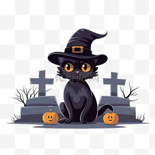万圣节戴着帽子的猫在公墓图片