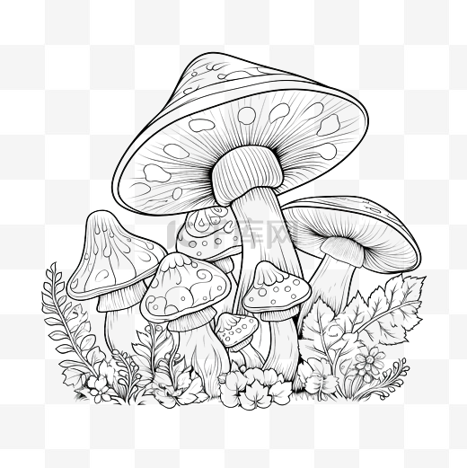 zentangle 风格的蘑菇和蜗牛黑白轮廓着色书页图片