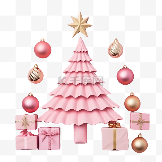 粉红色表面上以圣诞树形状布置的圣诞饰品和礼品盒图片