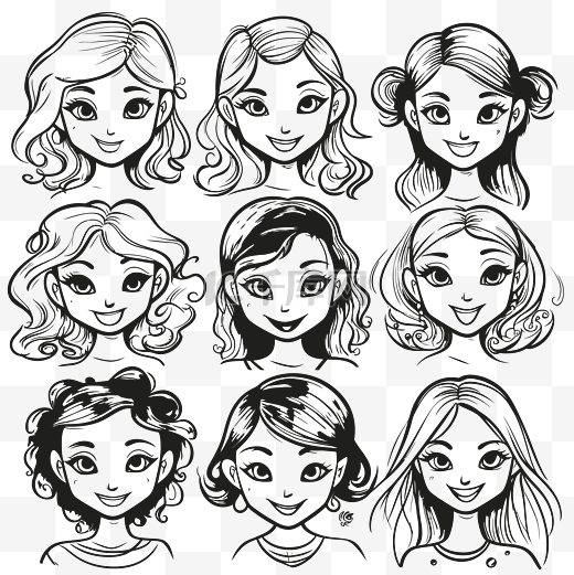 女孩卡通女孩脸集矢量剪贴画格式 jpg 轮廓素描图片