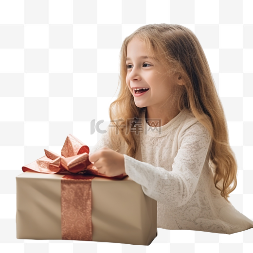 一个长发的小女孩在客厅打开一份大圣诞礼物图片